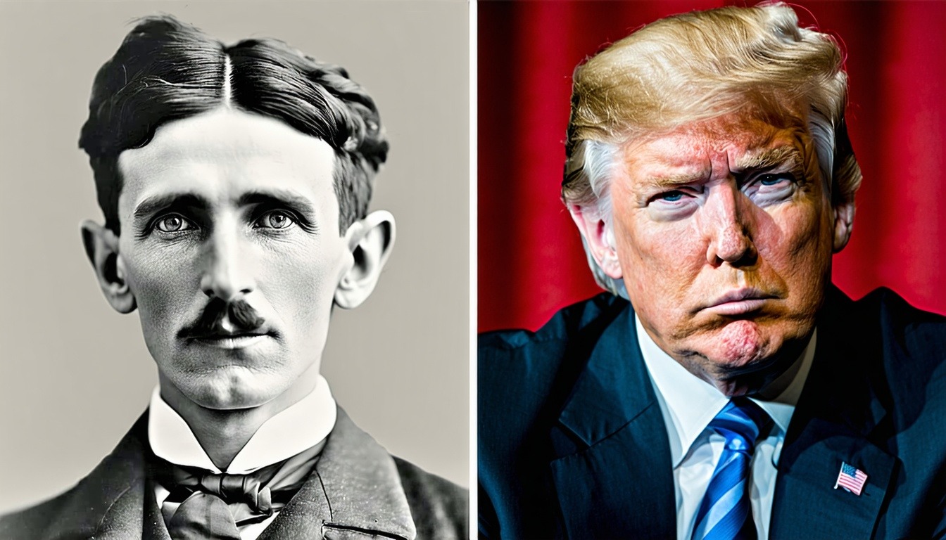 A historical image of Nikola Tesla juxtaposed with
